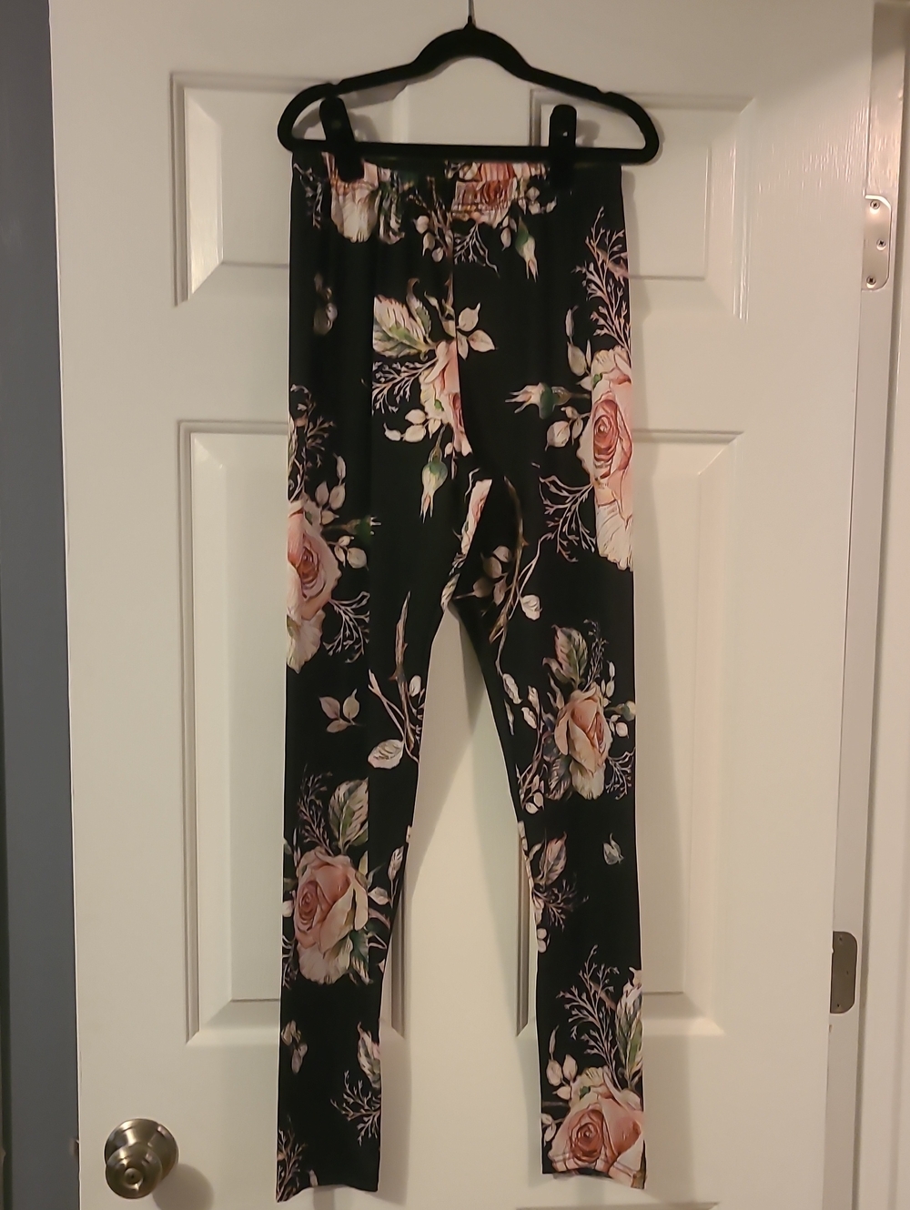 Black Straight Legged Pull-on Pants with Pink Rose Floral Print